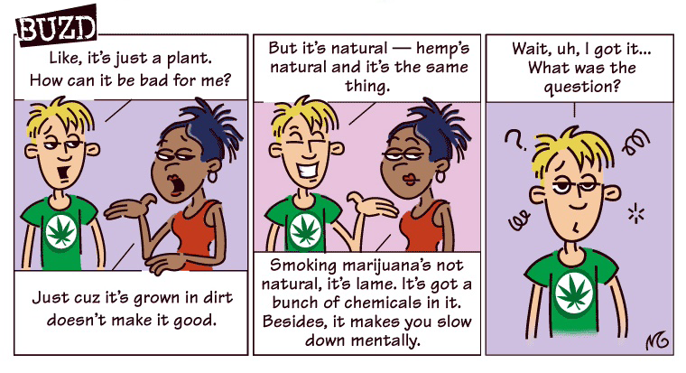 screen capture featuring a cartoon strip of 2 teens discussing the dangers of using marijuana