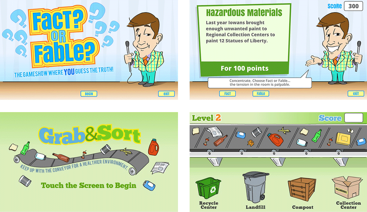 screen captures of Fact or Fable with game show host and Grab and Sort game, depicting a conveyor belt with waste materials to be sorted according to category