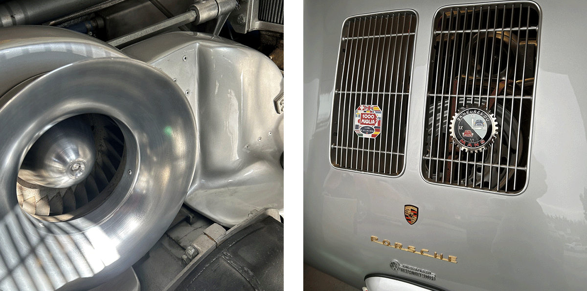550 Spyder cooling (blower) fan and rear bonnet grills with racing badges from Mille Miglia and La Mans